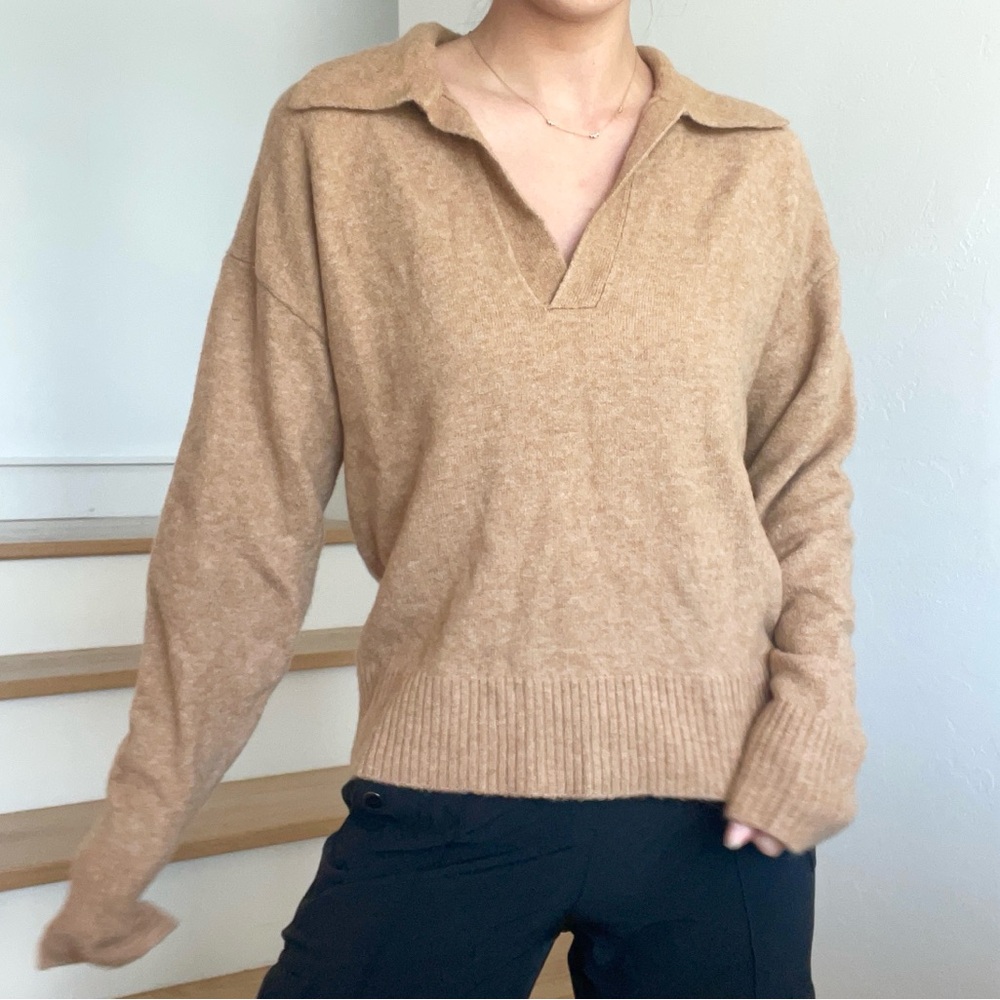 J. Crew Camel V-Neck Collared Sweater